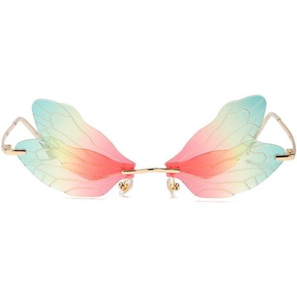 ?Women Pink Dragonfly Wing Shape Frameless Irregular Shades Party Sun Glasses main image 6